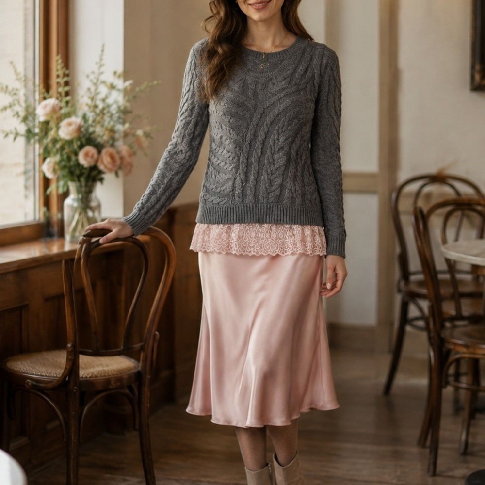 Monteau Womens Cable Knit Sweater Pink Lace Hem Trim Small Coquette Cottagecore